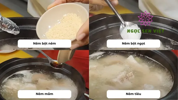 Nêm nếm gia vị vào canh đuôi lợn hạt sen